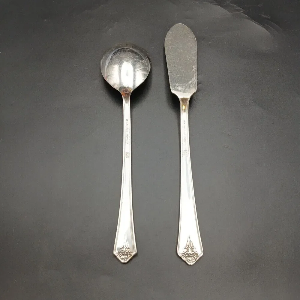 Set 2 Holmes and Edwards SPRING GARDEN Butter Knive And Sugar Spoon Flatware Vtg